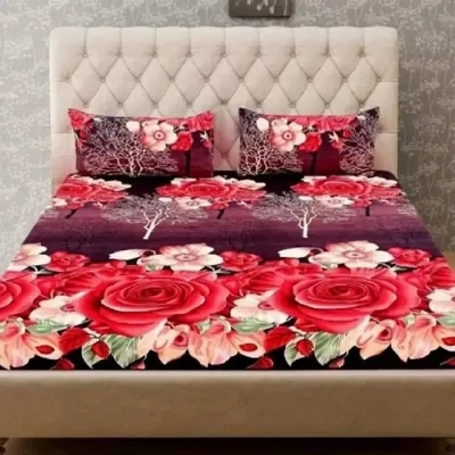 Classic Polycotton Printed Double Bedsheet With 2 Pillow Covers