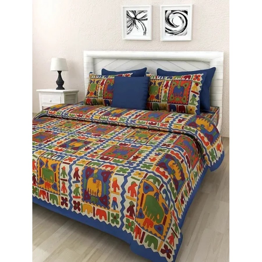 Comfortable Cotton Jaipuri Printed Double Bedsheet with Two Pillow Covers