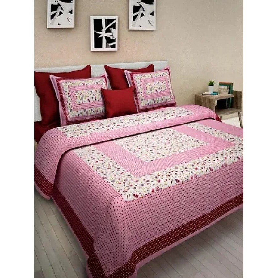 Comfortable Cotton Jaipuri Printed Double Bedsheet with Two Pillow Covers