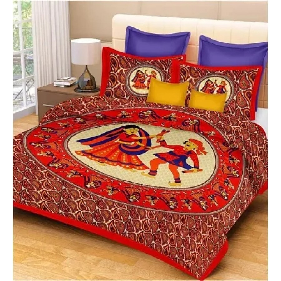 Comfortable Cotton Jaipuri Printed Double Bedsheet with Two Pillow Covers