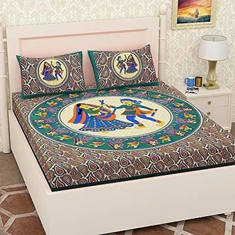 Comfortable Cotton Jaipuri Printed Double Bedsheet with Two Pillow Covers