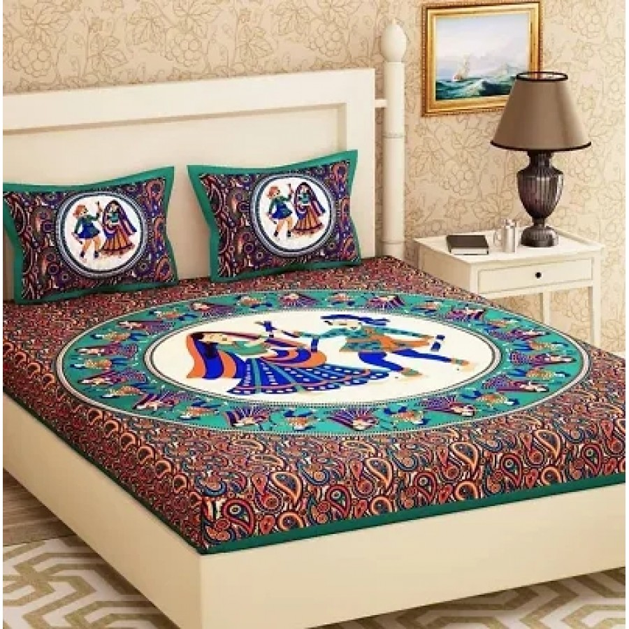 Comfortable Cotton Jaipuri Printed Double Bedsheet with Two Pillow Covers