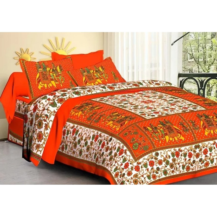 Comfortable Cotton Jaipuri Printed Double Bedsheet with Two Pillow Covers