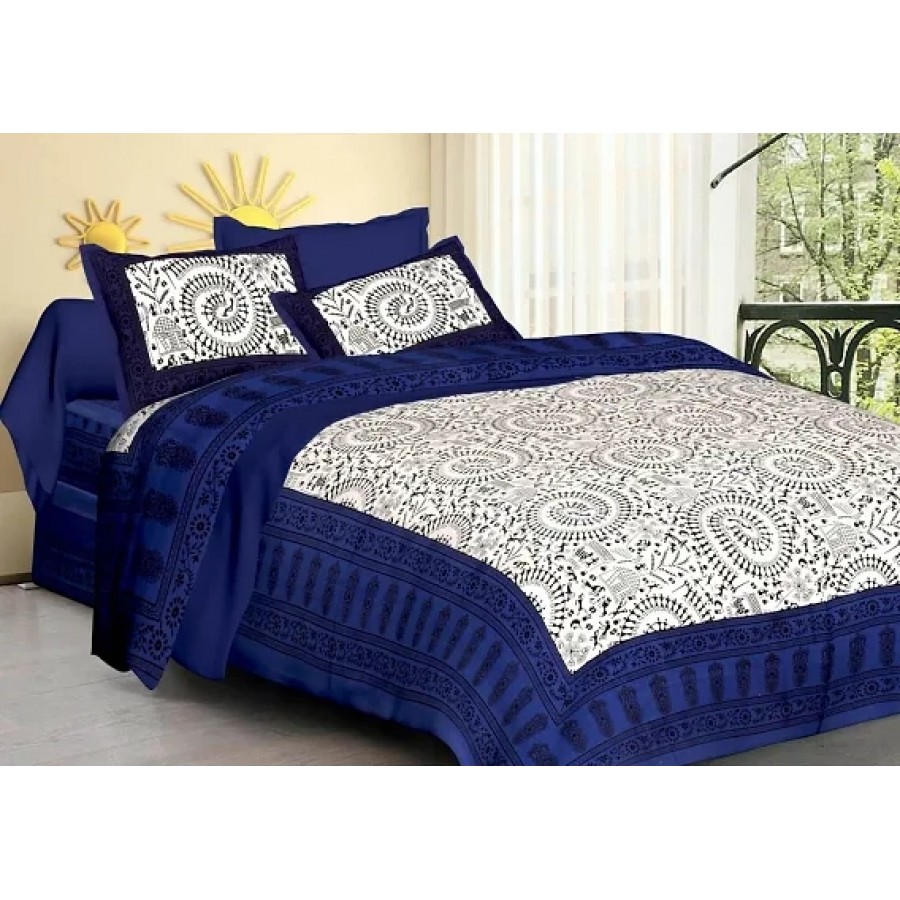 Comfortable Cotton Jaipuri Printed Double Bedsheet with Two Pillow Covers