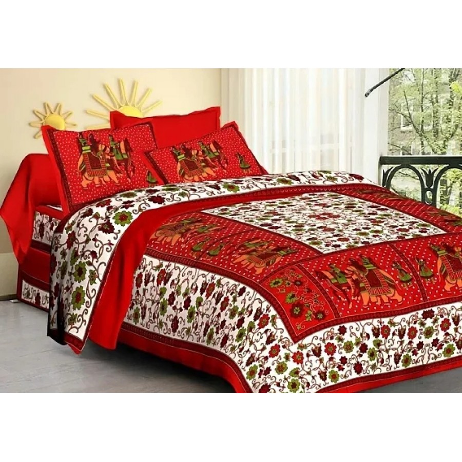 Comfortable Cotton Jaipuri Printed Double Bedsheet with Two Pillow Covers