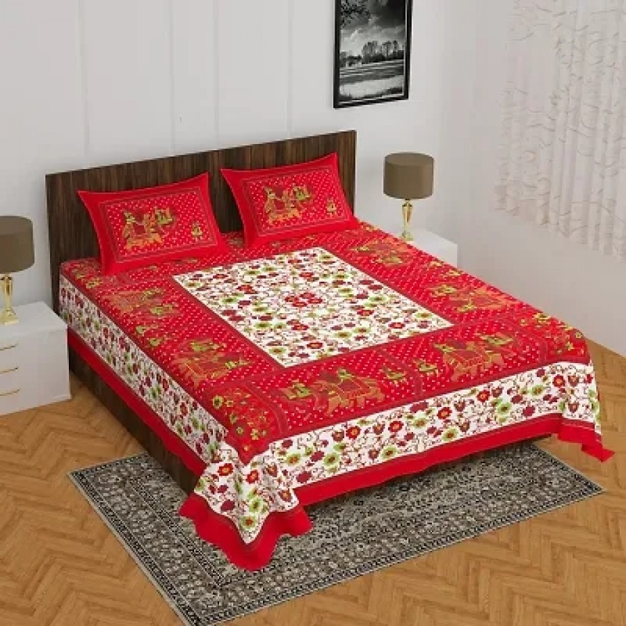 Comfortable Cotton Printed Double Bedsheet with Two Pillow Covers