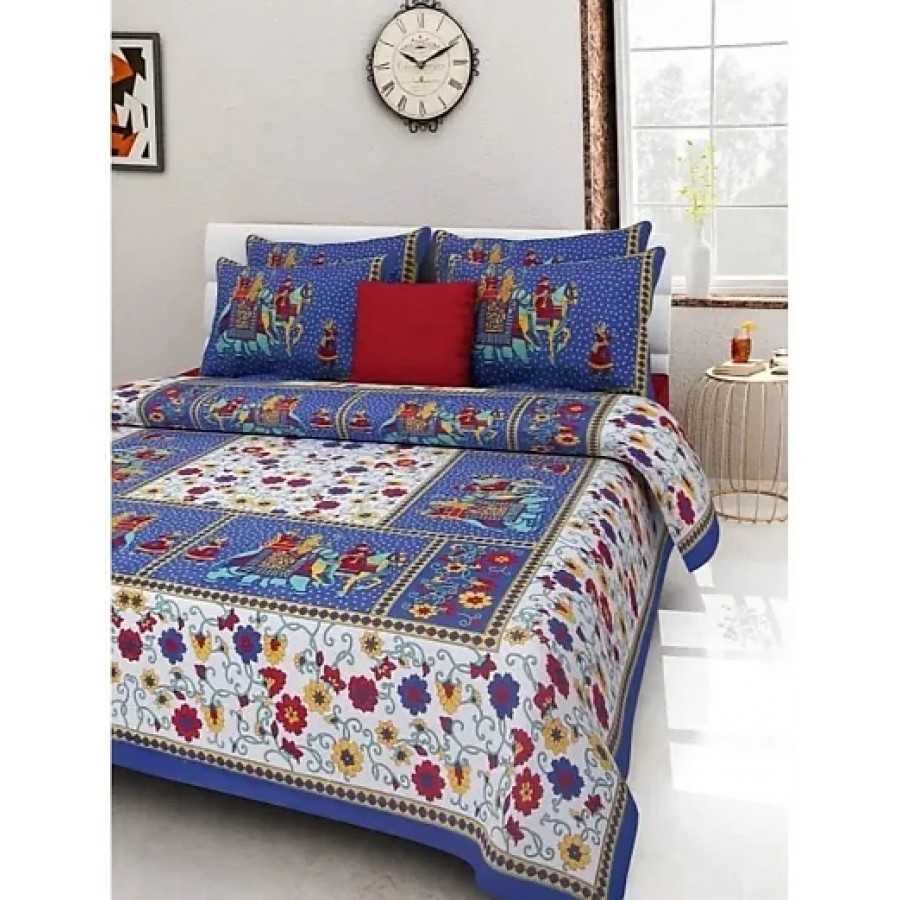 Comfortable Cotton Printed Double Bedsheet with Two Pillow Covers