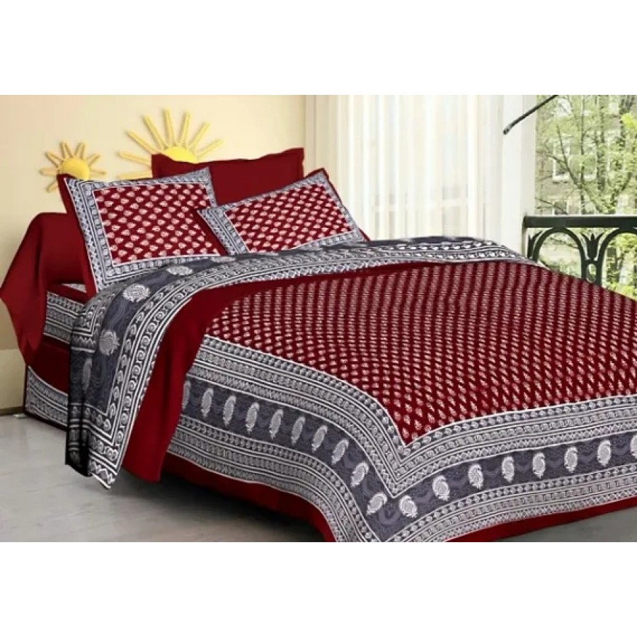 Comfortable Cotton Printed Double Bedsheet with Two Pillow Covers