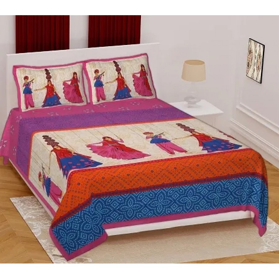 Comfortable Cotton Printed King Bedsheet with Two Pillow Covers