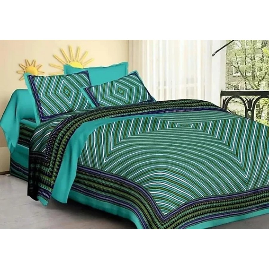 Comfortable Green Cotton Printed 1 Bedsheet + 2 Pillowcovers