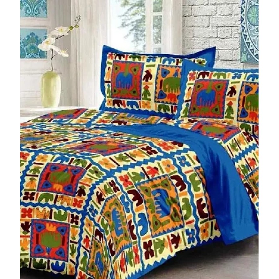 Comfortable Multicoloured Cotton Double 1 Bedsheet + 2 Pillowcovers