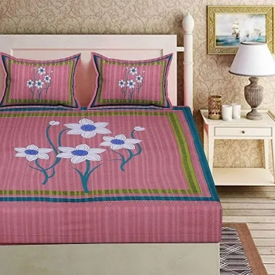 Comfortable Multicoloured Cotton Double 1 Bedsheet + 2 Pillowcovers