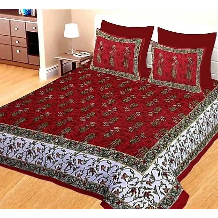 Comfortable Multicoloured Cotton Printed 1 Bedsheet + 2 Pillowcovers