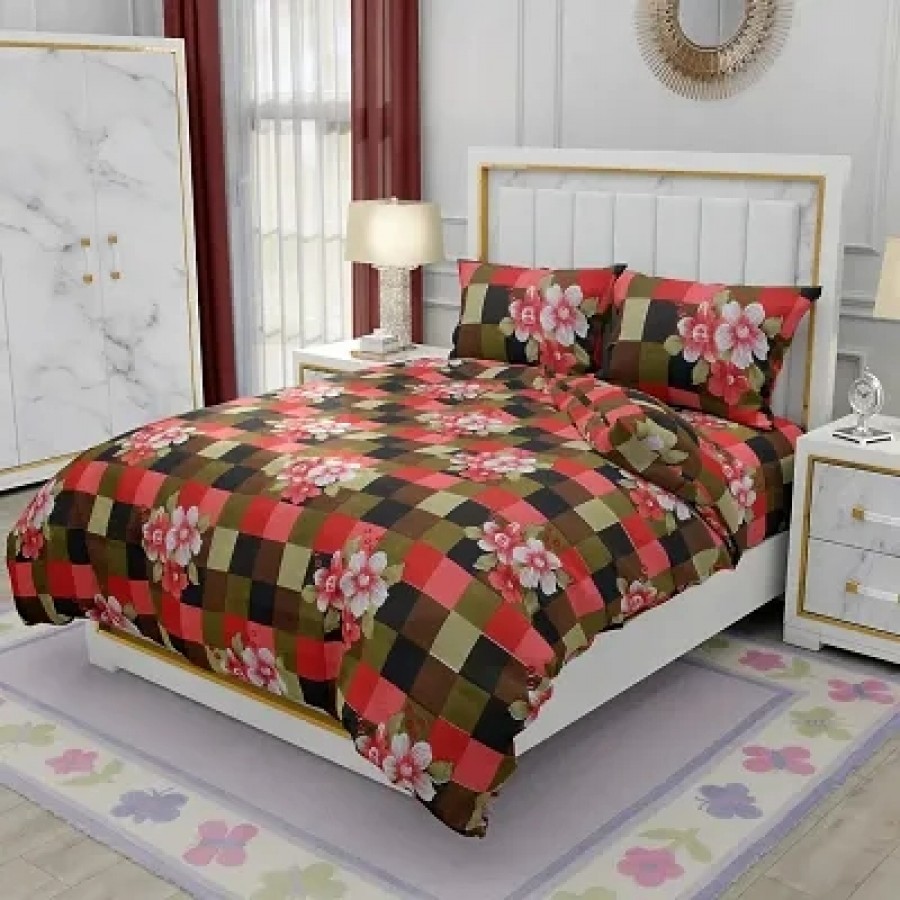 Comfortable Multicoloured Glace Cotton Abstract Double Bedsheet With Two Pillow Covers