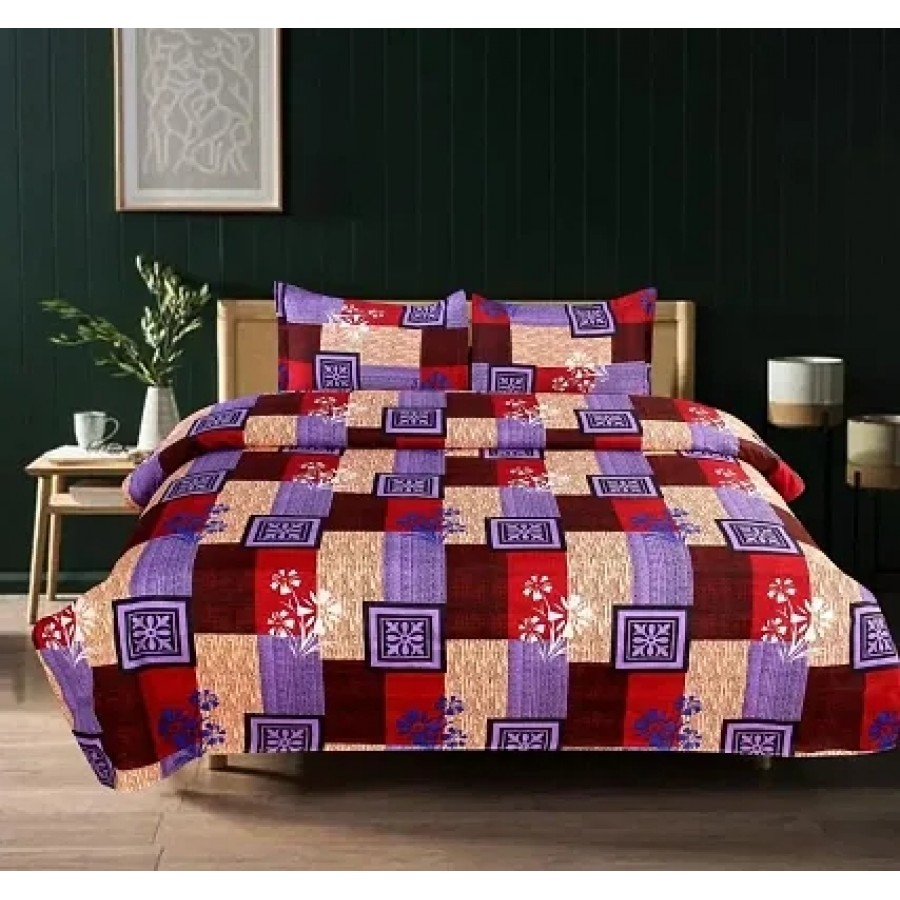 Comfortable Multicoloured Glace Cotton Abstract Double Bedsheet with Two Pillow Covers