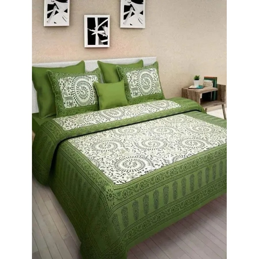 Cotton Abstract Printed Double Bedsheet with Pillow Covers