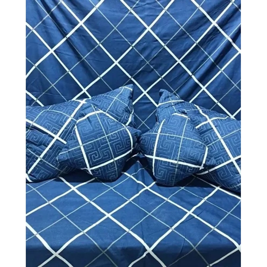 Glace Cotton Checked Bedsheet With Two Pillow Covers And Two Quilted Cushion With Filling Set