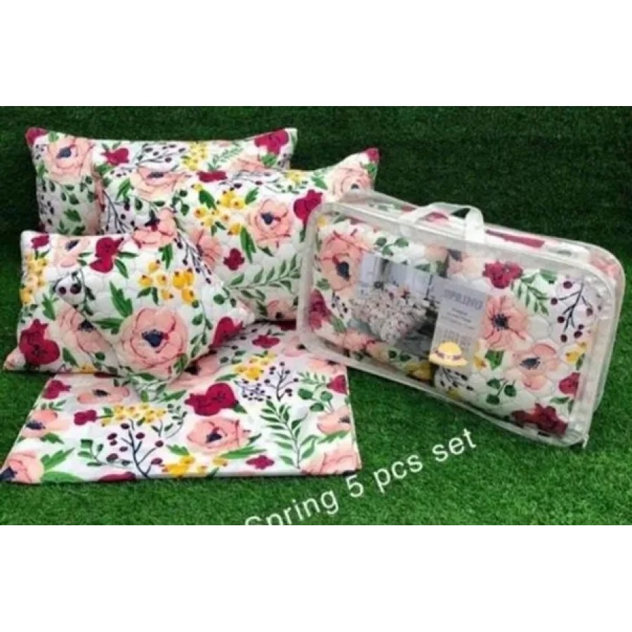 Glace Cotton Printed Bedsheet With Two Pillow Covers And Two Quilted Cushion With Filling Set