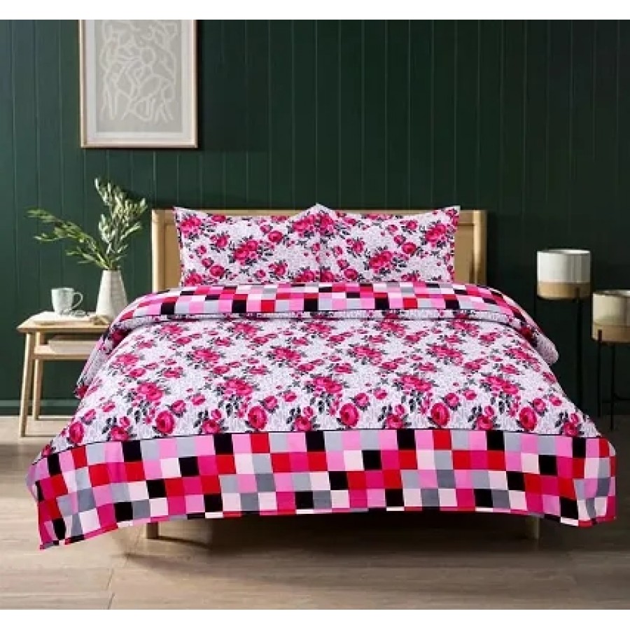 Multicoloured Checked  Floral Printed Polycotton Bedsheet With 2 Pillowcovers