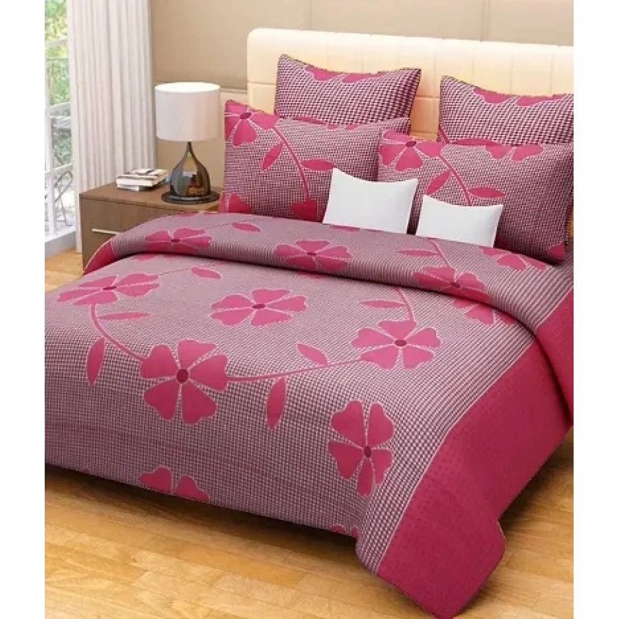 Pink Polycotton Floral Printed Bedsheet With 2 Pillow Covers