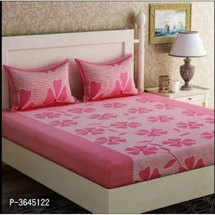 Pink Printed  polycotton double  bedsheet with two pillow covers