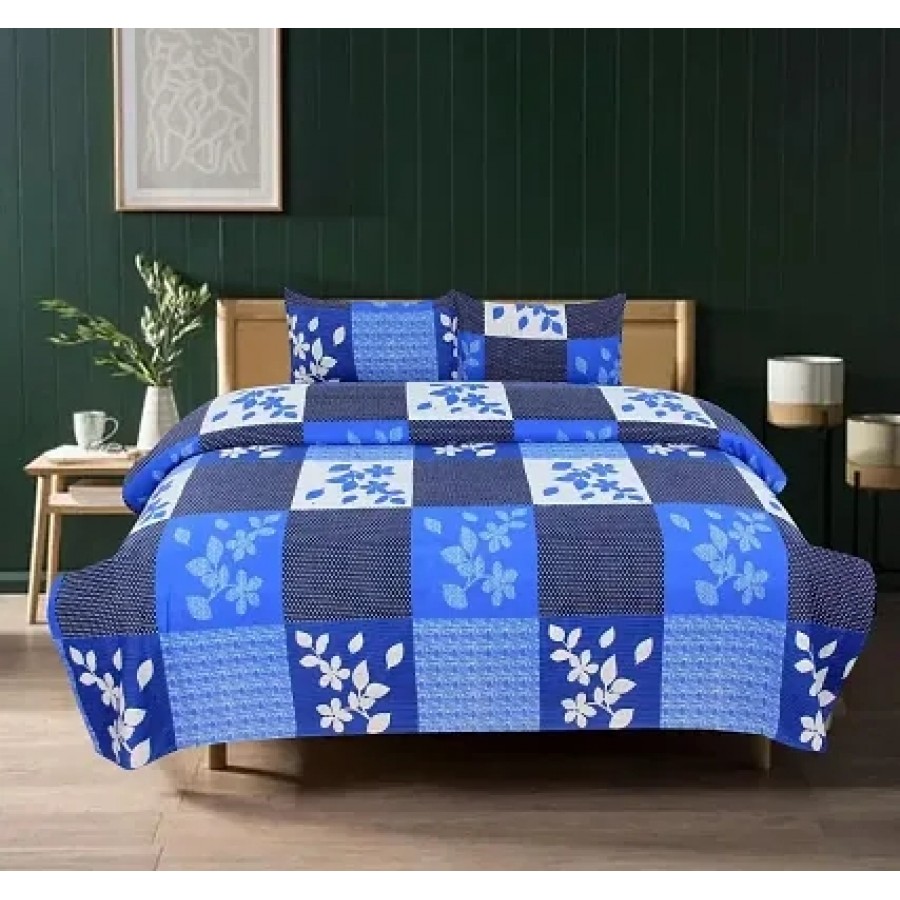 Polycotton Blue Floral Print Double Bedsheet With 2 Pillow Covers