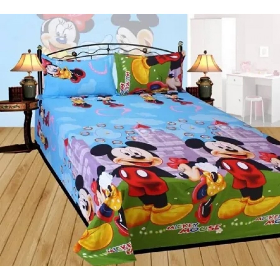 Polycotton Cartoon Printed Double Bedsheet With Two Pillow Covers