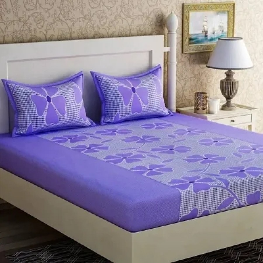 Polycotton Purple Floral Print Double Bedsheet With 2 Pillow Covers