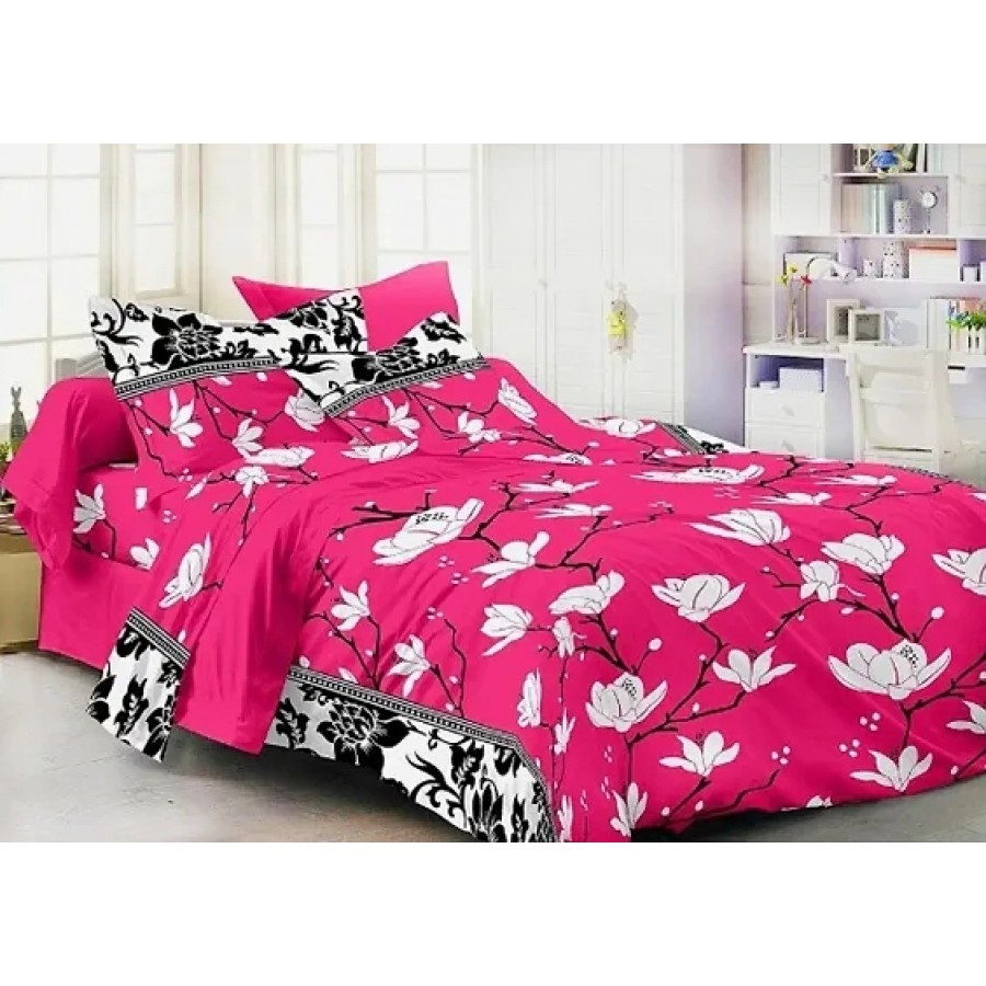 Premium Polycotton Pink Floral Print Bedsheet With 2 Pillow Covers