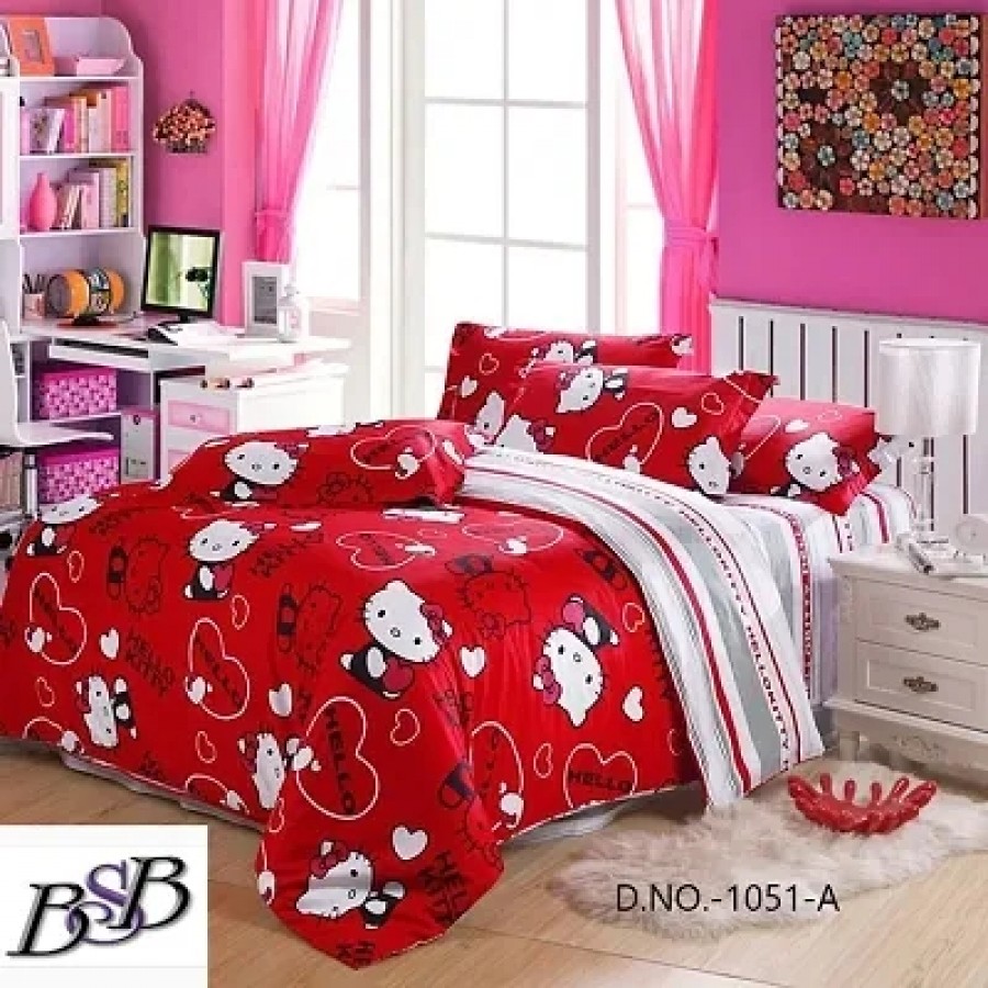 Red Cartoon Printed  Polycotton  Double Bedsheet with 2 Pillow covers