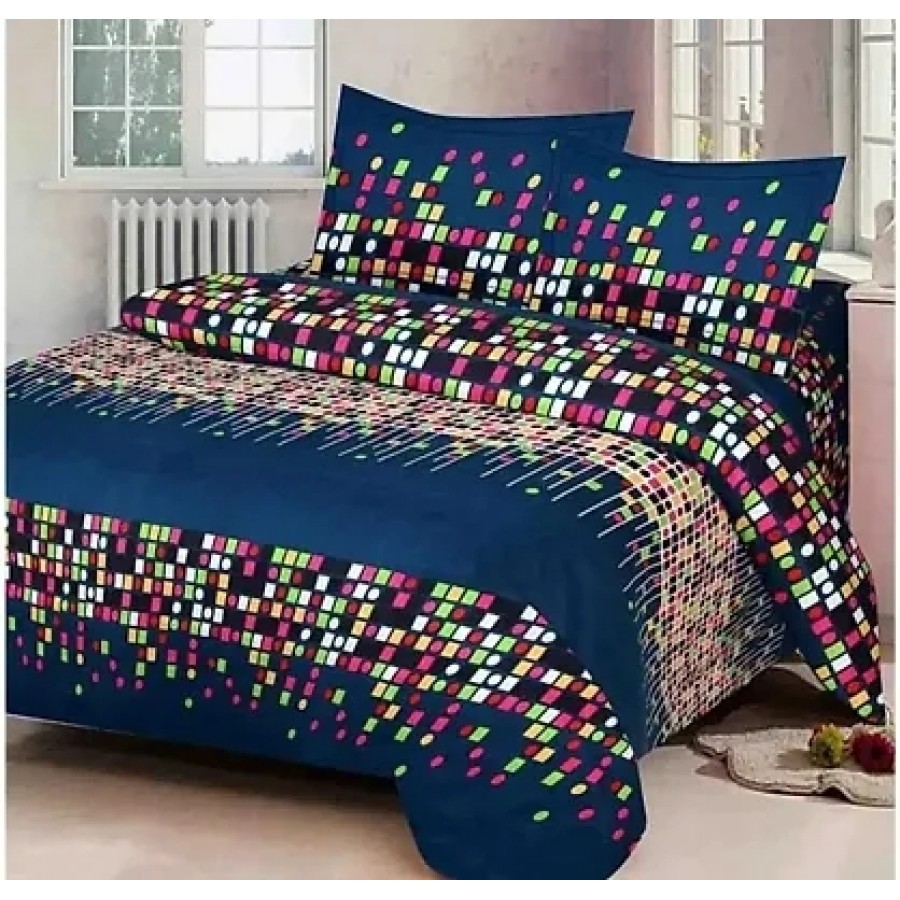 Stylish Multicoloured Polycotton Printed Queen Bedsheet With Two Pillow Covers