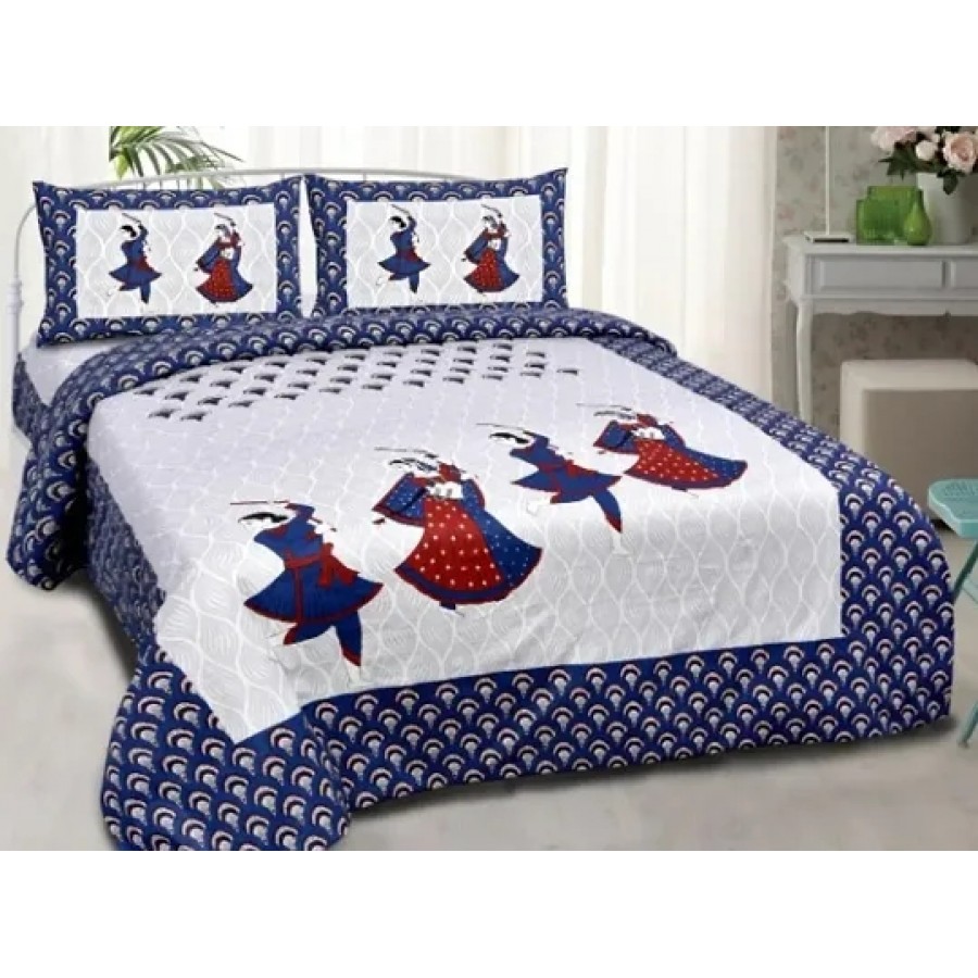 Trendy Cotton Jaipuri Printed Double Bedsheet With Pillow Cover