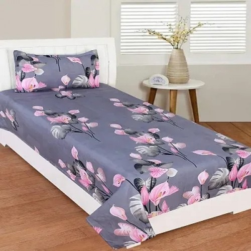 160 Tc Glace Cotton Printed Flat Single Bedsheet With 1 Pillow Cover