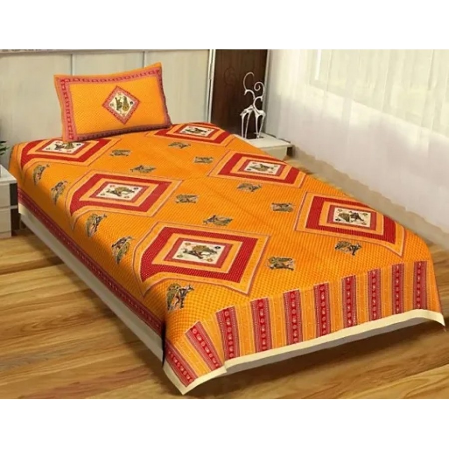 Ashnit 199 TC Cotton Single Jaipuri Printed Flat Bedsheetnbsp;nbsp;Pack of 1 Yellow