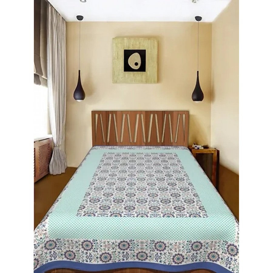 Designer Blue  Cotton Printed Single Bedsheet