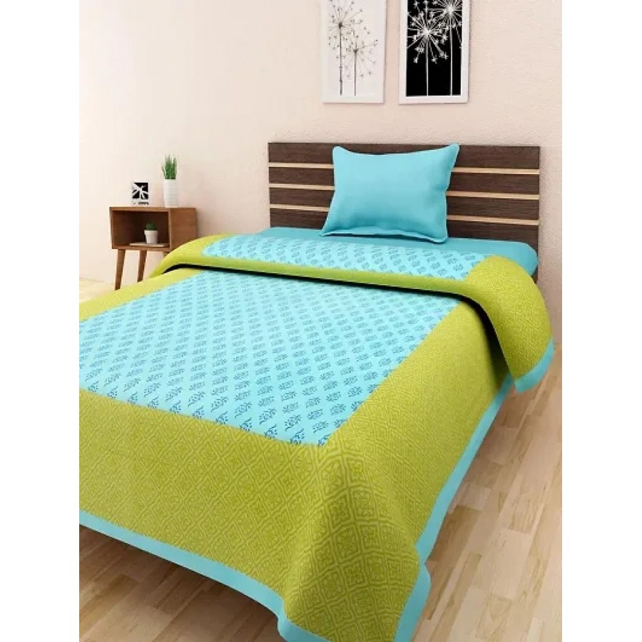 Designer Green Cotton Printed Single Bedsheet