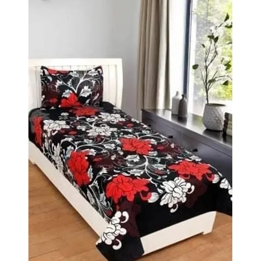 Polycotton Black Floral Printed Bedsheet With 1 Pillow Cover