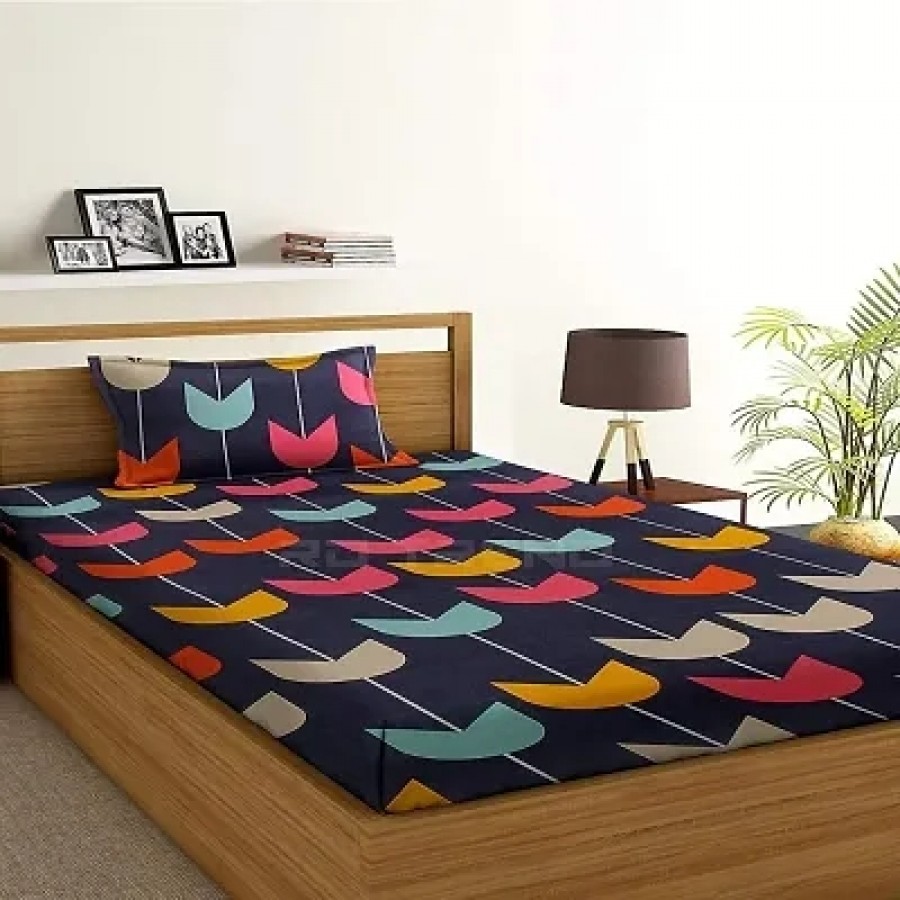 Shivi Creation 160 TC Prime Collection Glace Cotton Printed Flat Single Bedsheet with 1 Pillow Cover