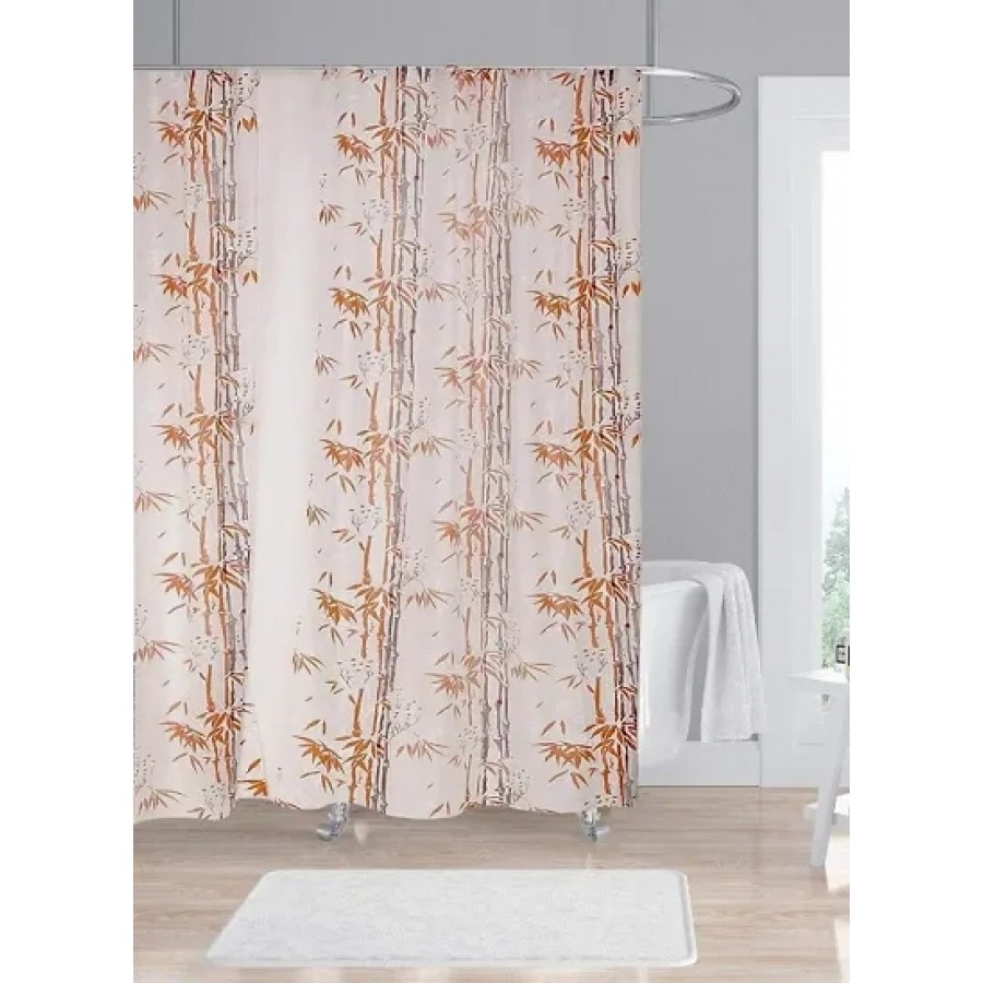 Plastic / PVC , Water Proof Shower Curtain 7ft, Bamboo Design (Orange) Set of 2 with 16 Hooks