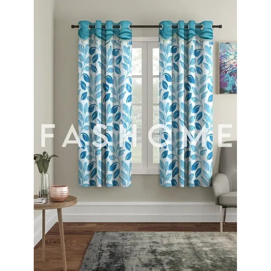 FasHome Blue Polyester Eyelet Fitting Window Curtains (Pack Of 2 Curtains)