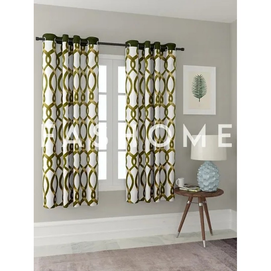 FasHome Green Polyester Eyelet Fitting Window Curtains (Pack Of 2 Curtains)