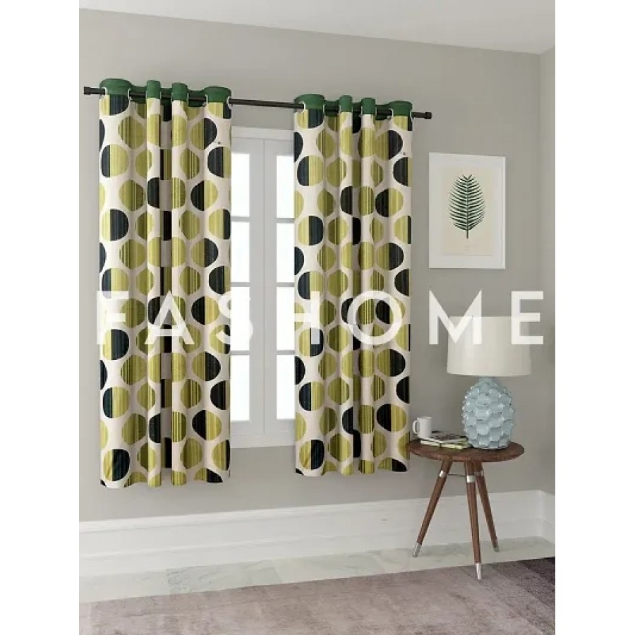 FasHome Green Polyester Eyelet Fitting Window Curtains (Pack Of 2 Curtains)