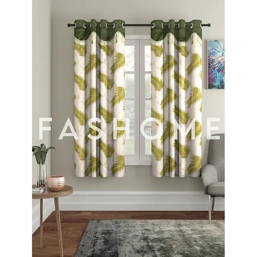 FasHome Green Polyester Eyelet Fitting Window Curtains (Pack Of 2 Curtains)