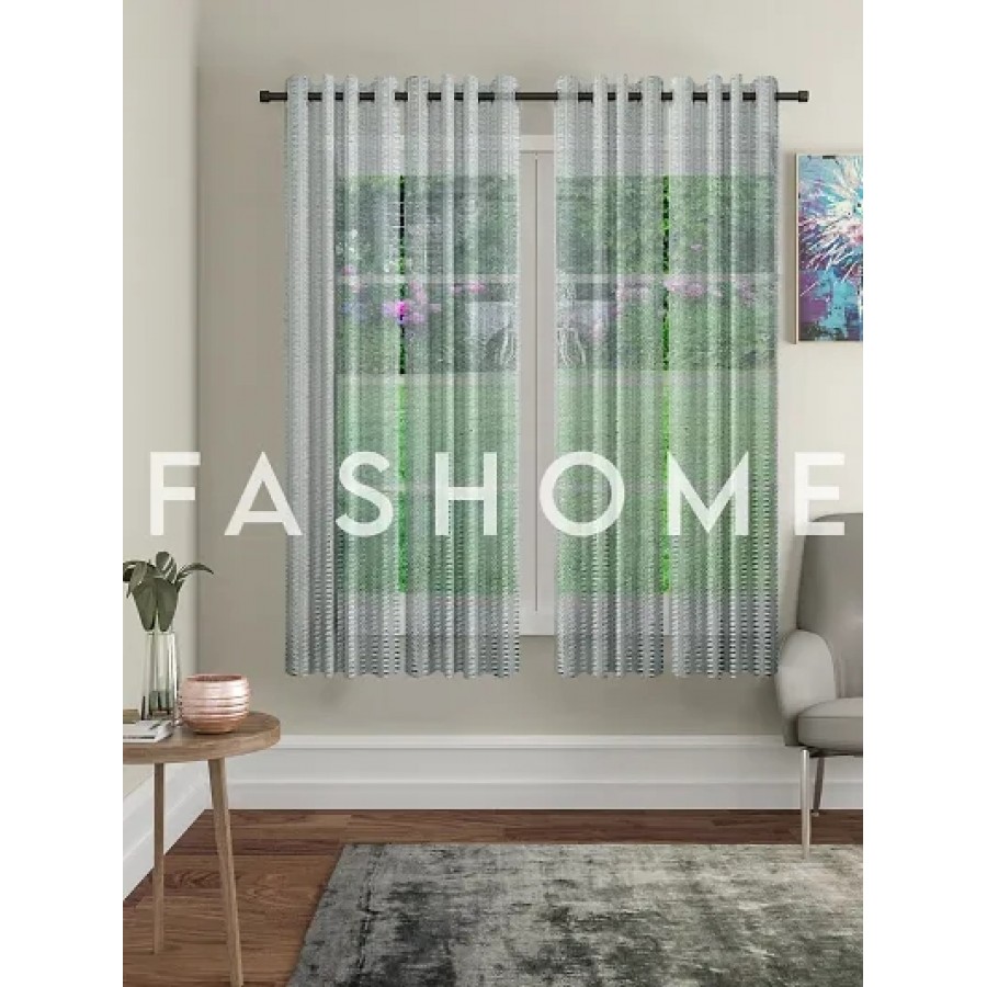 FasHome Grey Polyester Eyelet Fitting Striped Window Curtains