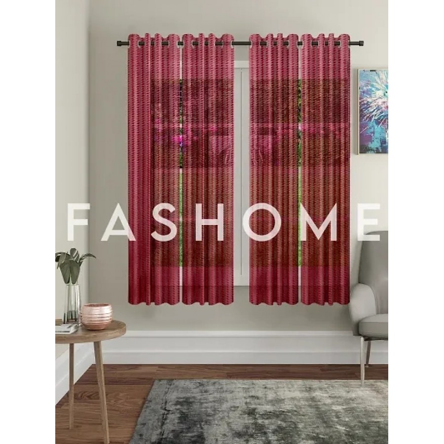 FasHome Maroon Polyester Eyelet Fitting Striped Window Curtains