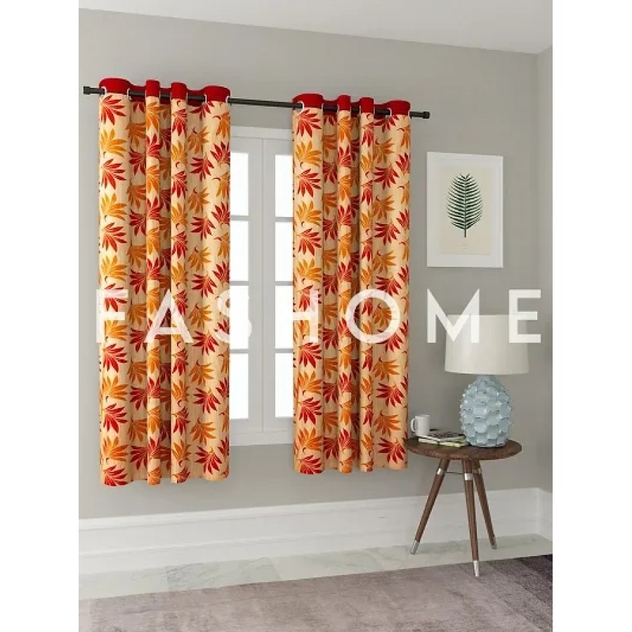 FasHome Orange Polyester Eyelet Fitting Window Curtains (Pack Of 2 Curtains)