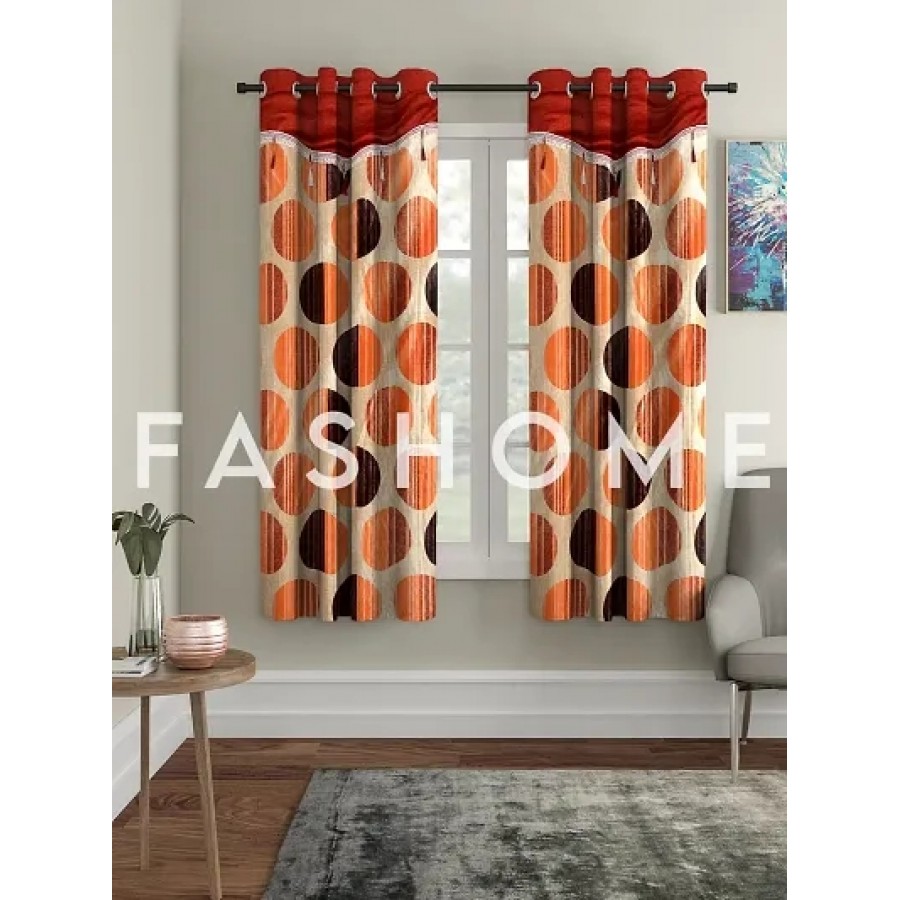 FasHome Orange Polyester Eyelet Fitting Window Curtains (Pack Of 2 Curtains)