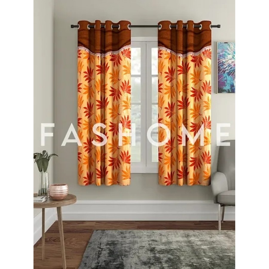 FasHome Orange Polyester Eyelet Fitting Window Curtains (Pack Of 2 Curtains)