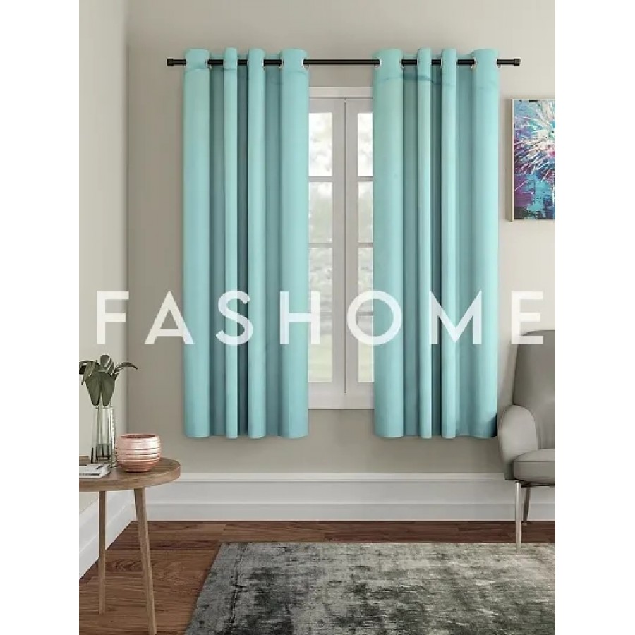 FasHome Premium Blue Polyester Solid Window Curtain (Pack Of 2)