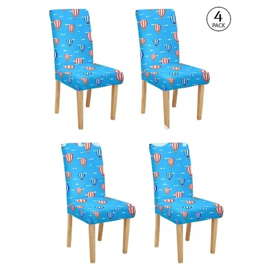 FasHome Blue Polyester Printed Stretchable Removable Dining Chair Covers- Pack Of 4